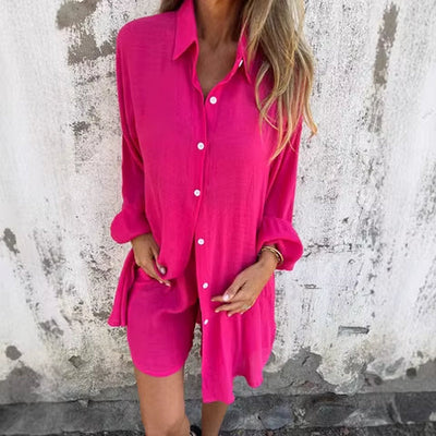 New Casual Solid Color Cotton Linen Set for Women'S 2025 Spring Summer Shorts Long-Sleeved Wrinkled Shirt Two-Piece Loose Suit