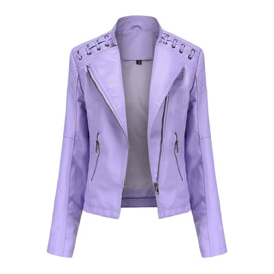 New Spring Autumn Women Faux Leather Jacket Pu Motorcycle Biker Purple Coat Slim Zipper Motorcycles Locomotive Outerwear 4XL